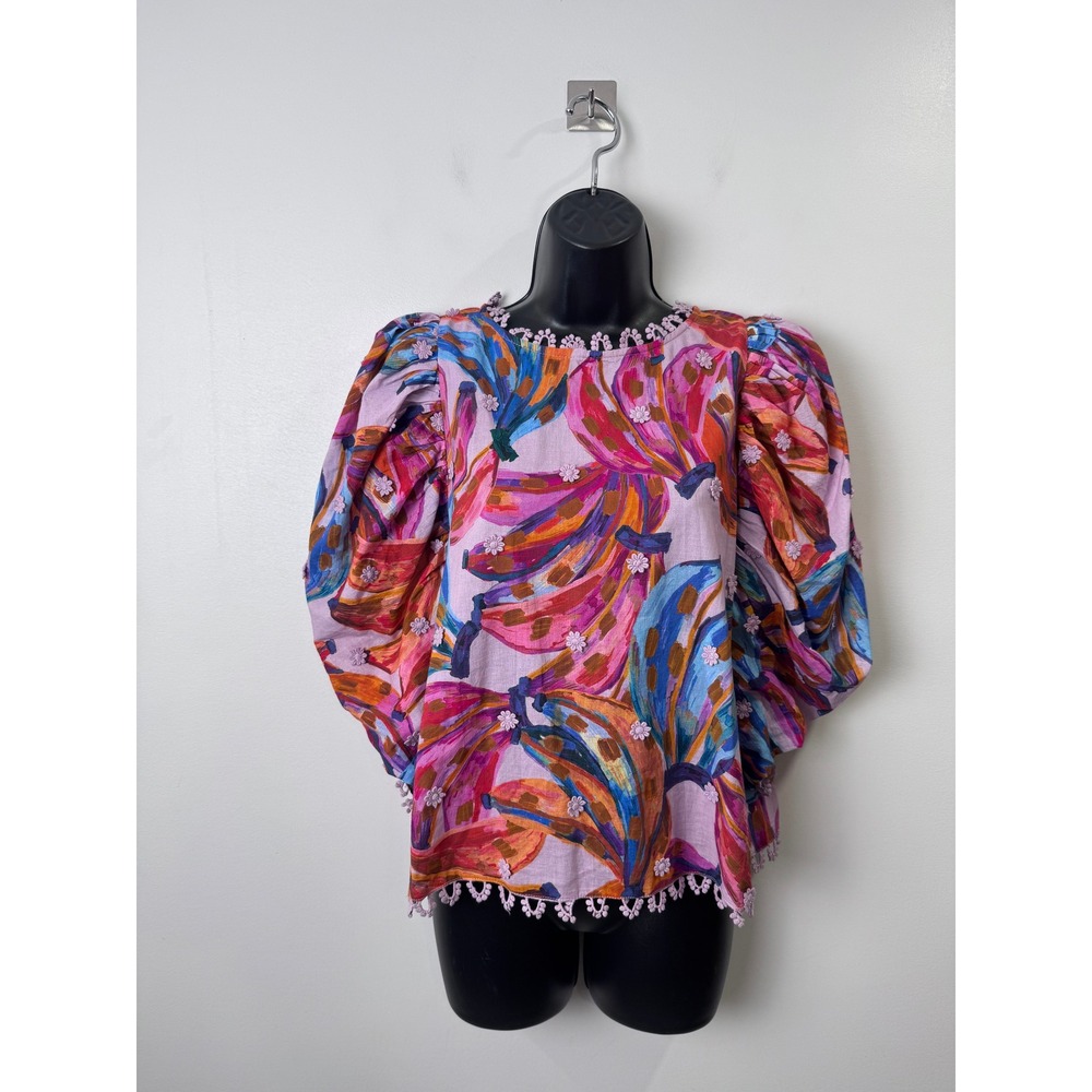Farm Rio Womens Pink Banana Print Puff Sleeve Crochet Trim Blouse Small